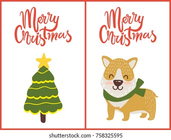 Merry Christmas, decorated tree and image of dog with green scarf, pine and pet with designed headlines, collection isolated on vector illustration