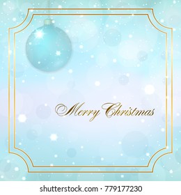 Merry Christmas decoration background. 3d blue ball. Stars, glitter and white winter snowflakes in gold frame. Bright xmas card. Happy New Year celebration. Holiday design Vector illustration