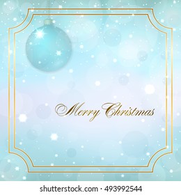 Merry Christmas decoration background in gold frame with 3d blue ball. Stars, glitter and white winter snowflakes. Bright xmas card. Happy New Year celebration. Holiday design. Vector illustration