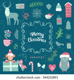 Merry Christmas decoration background. Vector illustration with decorative elements. 