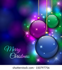 Merry Christmas decoration with baubles and magical glittering effect in the background