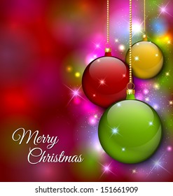 Merry Christmas decoration with baubles and magical glittering effect in the background