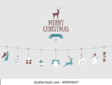 Merry Christmas decoration and card design. Happy New Year design elements. Vintage symbols of grey deer, bell, snowflake, ribbon, bow, candy, snowman. Holiday hand drawn vector icons set.