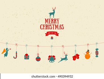 Merry Christmas decoration and card design. Happy New Year design elements. Vintage symbols of colourful deer, bell, snowflake, ribbon, bow, candy, snowman. Holiday hand drawn vector icons set.