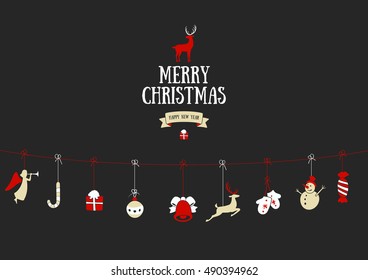 Merry Christmas decoration and card design. Happy New Year design elements. Vintage symbols of colourful black deer, bell, snowflake, ribbon, bow, candy, snowman. Holiday hand drawn vector icons set.