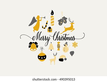 Merry Christmas decoration and card design. Happy New Year design elements. Vintage symbols of colourful golden deer, bell, snowflake, bow, tree, snowman. Holiday hand drawn vector icons set.