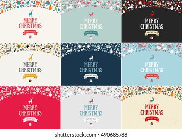 Merry Christmas decoration and card design. Happy New Year design elements. Vintage symbols of colourful deer, bell, snowflake, ribbon, bow, tree, snowman. Holiday hand drawn vector icons set.