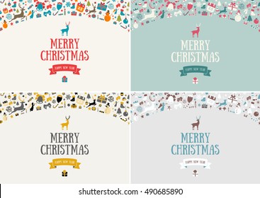 Merry Christmas decoration and card design. Happy New Year design elements. Vintage symbols of colourful deer, bell, snowflake, ribbon, bow, tree, snowman. Holiday hand drawn vector icons set.