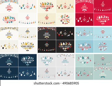 Merry Christmas decoration, card design. Happy New Year design elements. Vintage icons of colourful deer, bell, snowflake, ribbon, bow, tree, snowman. Holiday hand drawn vector art. Great mega set.