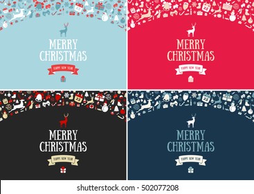 Merry Christmas decoration and card design. Happy New Year design elements. Vintage symbols of colourful deer, bell, snowflake, ribbon, bow, tree, snowman. Holiday hand drawn vector icons set.