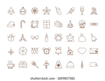 merry christmas, decoration celebration party season icons set line style vector illustration