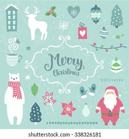 Merry Christmas decoration collection. Vector illustration, isolated decorative elements and lettering.