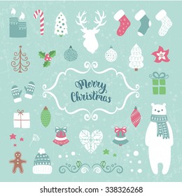 Merry Christmas decoration collection. Vector illustration, isolated decorative elements and lettering.