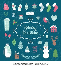 Merry Christmas decoration collection. Vector illustration, isolated decorative elements and lettering.