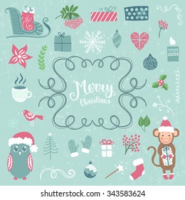 Merry Christmas decoration collection. Vector illustration, isolated decorative elements and lettering.