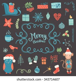 Merry Christmas decoration collection. Vector illustration, isolated decorative elements and lettering.
