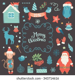 Merry Christmas decoration collection. Vector illustration, isolated decorative elements and lettering.