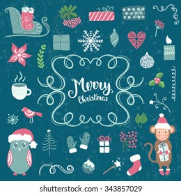 Merry Christmas decoration collection. Vector illustration, isolated decorative elements and lettering.