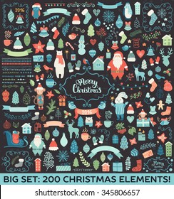 Merry Christmas decoration collection. Vector illustration, isolated decorative elements and lettering.