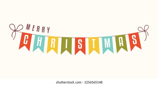 Merry Christmas decoration. Colorful garland of bunting flags and greeting text. Design element. Winter holidays theme. Vector illustration.