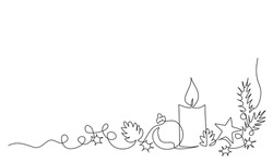 Merry Christmas Decoration. Continuous One Line Drawing Art. Holiday Greeting Card Christmas Ball, Star And Candle. Vector Illustration