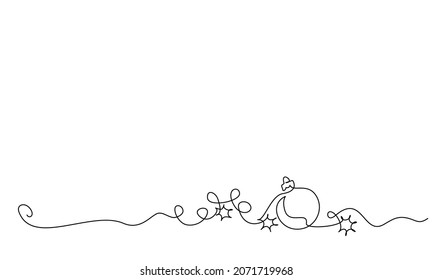 Merry Christmas decoration. Continuous one line drawing art. Holiday greeting card Christmas ball, stars and tinsel. Vector illustration