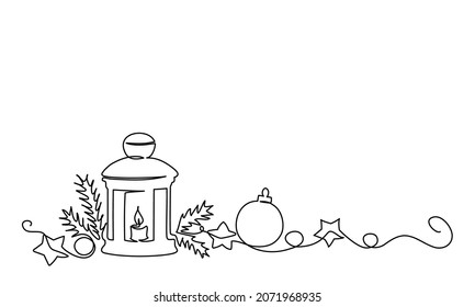 Merry Christmas decoration. Continuous one line drawing art. Holiday greeting card Christmas ball, star and candle. Vector illustration