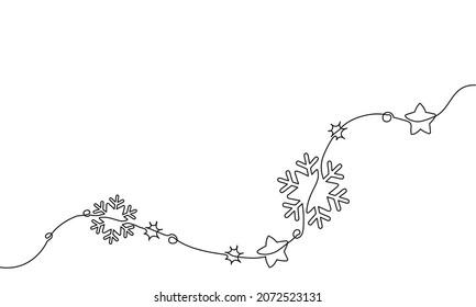 Merry Christmas Decoration. Continuous One Line Drawing Art. Holiday Greeting Card Christmas Snowflake, Star. Vector Illustration