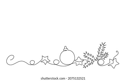 Merry Christmas decoration. Continuous one line drawing art. Holiday greeting card Christmas ball, stars and tinsel. Vector illustration