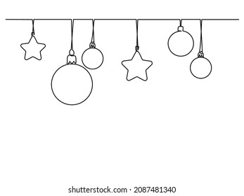 Merry Christmas decoration. Continuous one line drawing art. Holiday greeting card Christmas balls and stars. Vector illustration