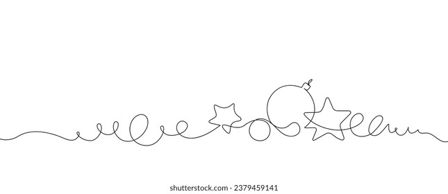 Merry Christmas decoration. Continuous one line drawing art. Holiday greeting card Christmas ball, stars and tinsel. Vector illustration.