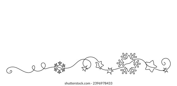 Feliz decoración navideña. Arte de dibujo continuo de una línea. Tarjeta de saludo de Navidad copos de nieve y estrellas. Ilustración vectorial. Dibujo de mano