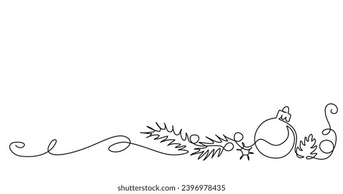 Merry Christmas decoration. Continuous one line art. Holiday greeting card with Christmas ball, star and tinsel. Vector illustration Hand drawn