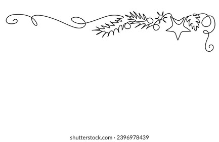 Merry Christmas decoration. Continuous one line art. Holiday greeting card with Christmas ball, star and tinsel. Vector illustration Hand drawn