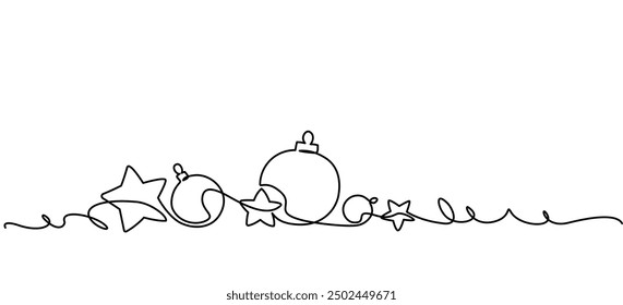 Merry Christmas decoration. Continuous one line art. Holiday greeting card Christmas ball, star and tinsel. Vector illustration