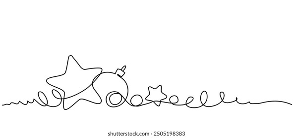 Merry Christmas decoration. Continuous one line art drawing. Holiday greeting card Christmas ball, star and tinsel. Vector illustration