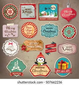 Merry Christmas decoration and design elements with vintage labels, cards and tags set.