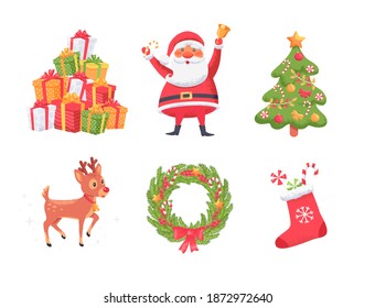 Feliz Navidad elementos decorativos y lindo conjunto de ilustraciones vectoriales de Santa Claus