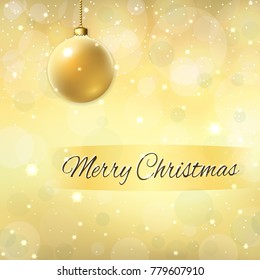 Merry Christmas decoration gold background. 3d golden bauble. Stars, glitter, white winter snowflakes. Bright xmas card. Happy New Year celebration. Holiday design Vector illustration