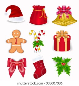 Merry Christmas, decoration, green holly, Santa hat, gold bells