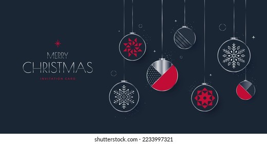 Merry Christmas decoration greeting card. Christmas silver balls with snowflakes and geometric red stars. Vector xmas illustration for holiday graphic.