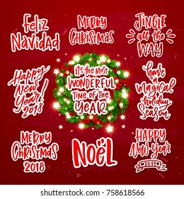  Merry Christmas decoration greeting cards collection. Xmas vector background. Hand drawn calligraphy it's the most wonderful time of the year, Happy new year, Noel, Jingle all the way, Feliz navidad,