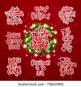  Merry Christmas decoration greeting cards collection. Xmas vector background. Hand drawn calligraphy all is calm all is bright , we wish you a merry christmas, Holly Jolly, peace on earth  