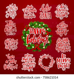  Merry Christmas decoration greeting cards collection. Xmas vector background. Hand drawn calligraphy be merry and bright , hello santa, make it a december to remember, Christmas in the air, all is ca