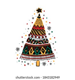Merry Christmas decoration hand drawn.Doodle style greeting card with cute Christmas tree.Vector illustration.
