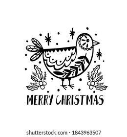 Merry Christmas decoration hand drawn.Doodle style greeting card with bird .Vector illustration.
