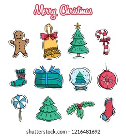 merry christmas decoration icons set with colored doodle style