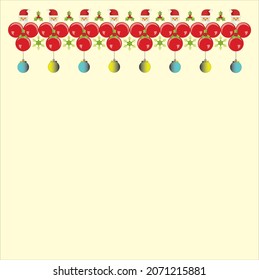 Merry Christmas decoration with maple leaves, red cherries , colorful balls, and snow flacks on off white background