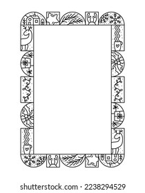 Merry Christmas decoration monoline frame. Continuous winter one line drawing art. Holiday greeting card ball, tree star and candle. Vector illustration.