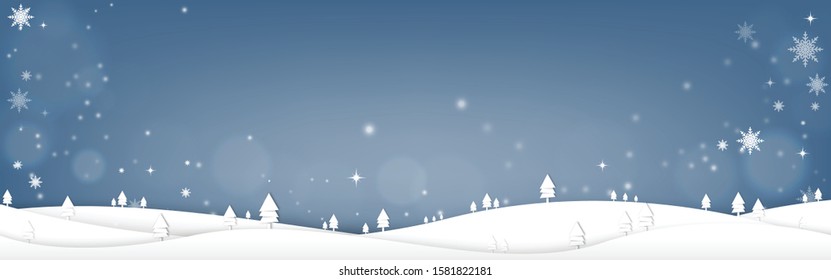 Merry Christmas decoration with pine tree and snowflake with snow falling in the winter. xmas blue background for greeting card, banner, headers, poster, postcard